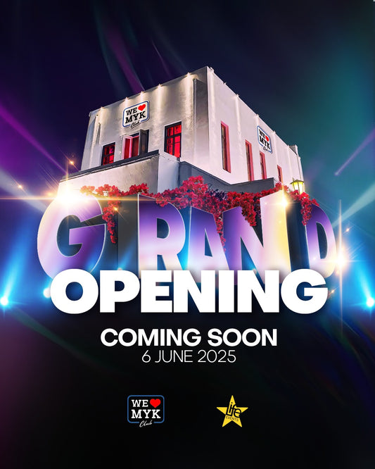 Promotional poster for a grand opening event with a building and colorful text on a dark background.