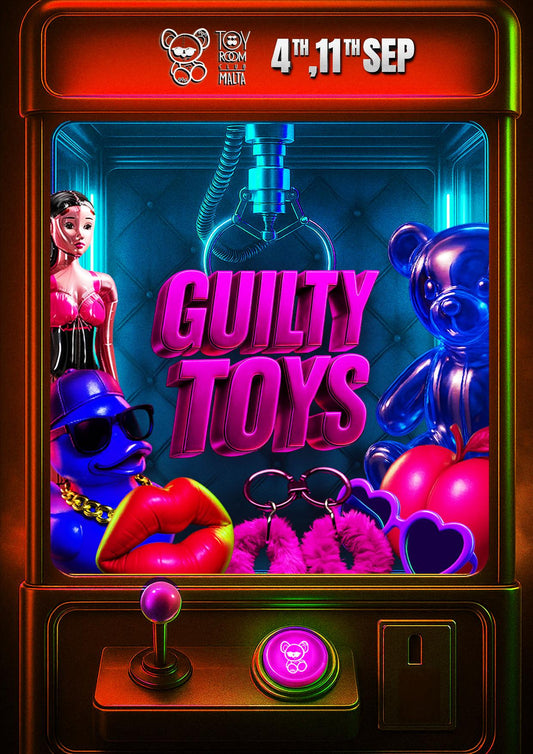 Gumball machine-themed promotional poster for 'Guilty Toys' with colorful graphics and text.