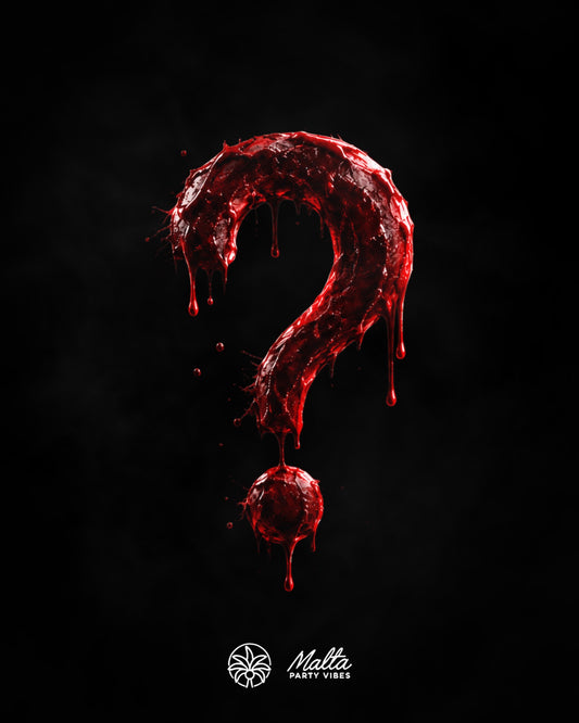 Halloween Malta 2026 party flyer: dripping blood-red question mark with the Malta Party Vibes logo