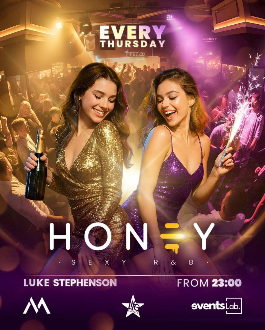 Promotional poster for a nightlife event with two women dancing, text indicating 'Every Thursday' and 'Honey Sexy R&B'.