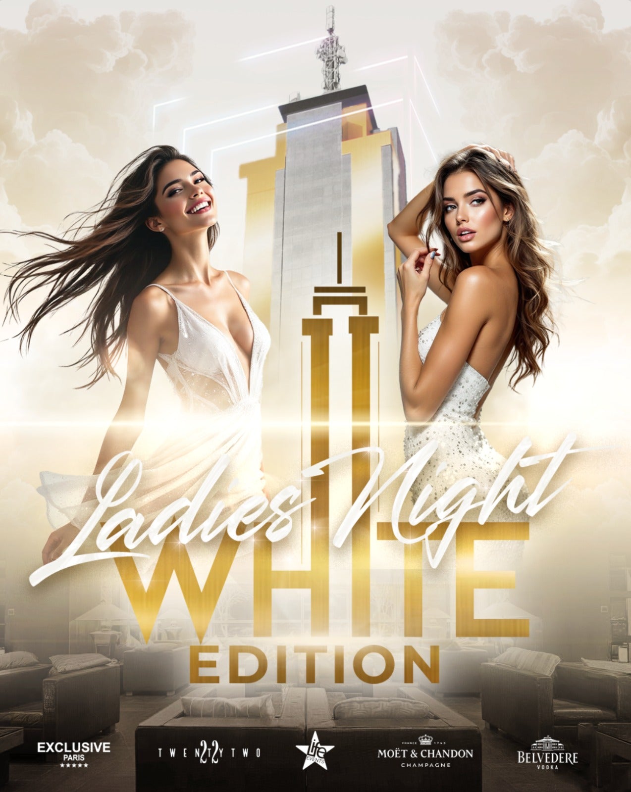 Promotional image for Ladies Night White Edition featuring two women in white dresses against a backdrop with the TwentyTwo venue and cityscape.