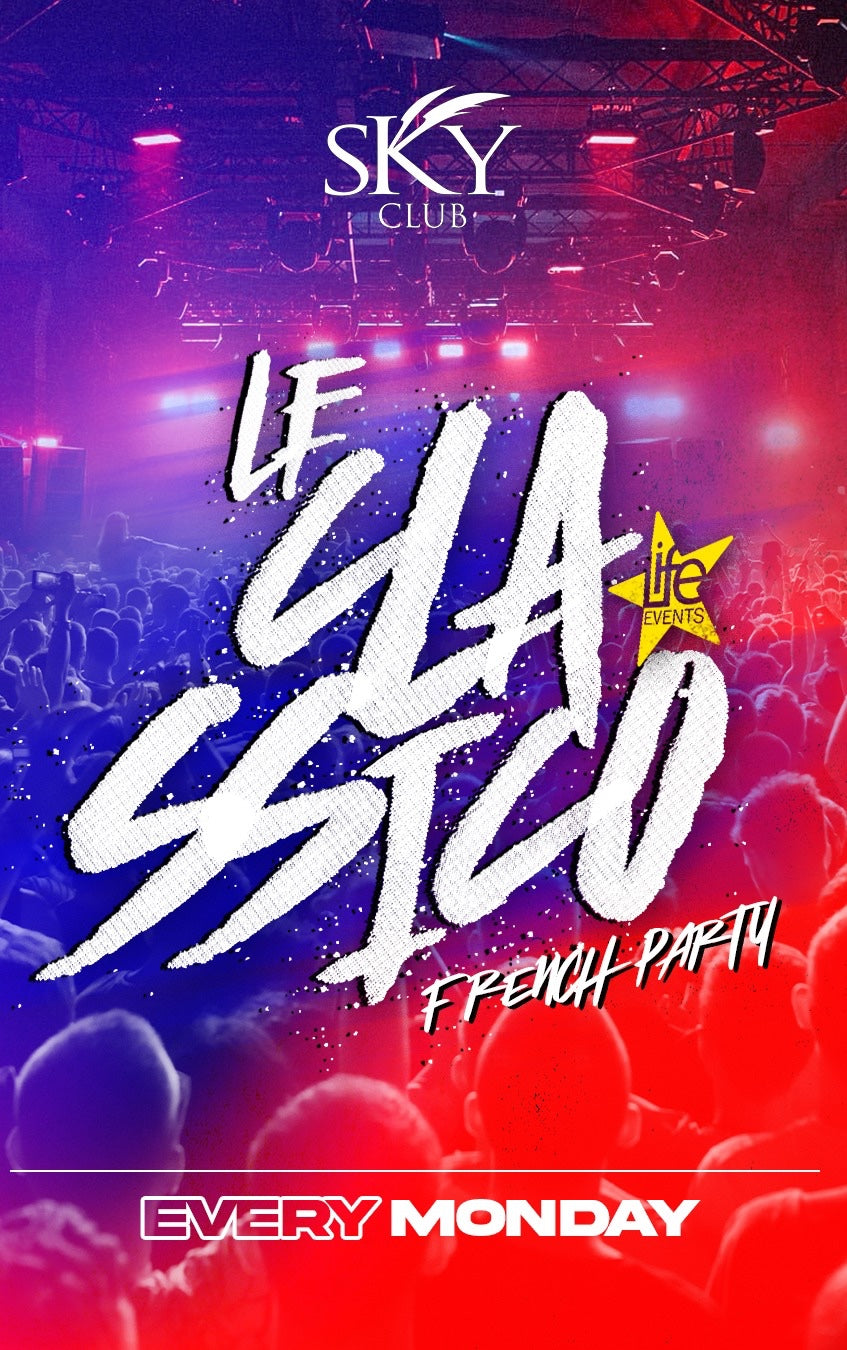 Promotional poster for 'Le Classico' event at Sky Club Malta featuring vibrant lights, text detailing the event name and description, and a crowd in the background.