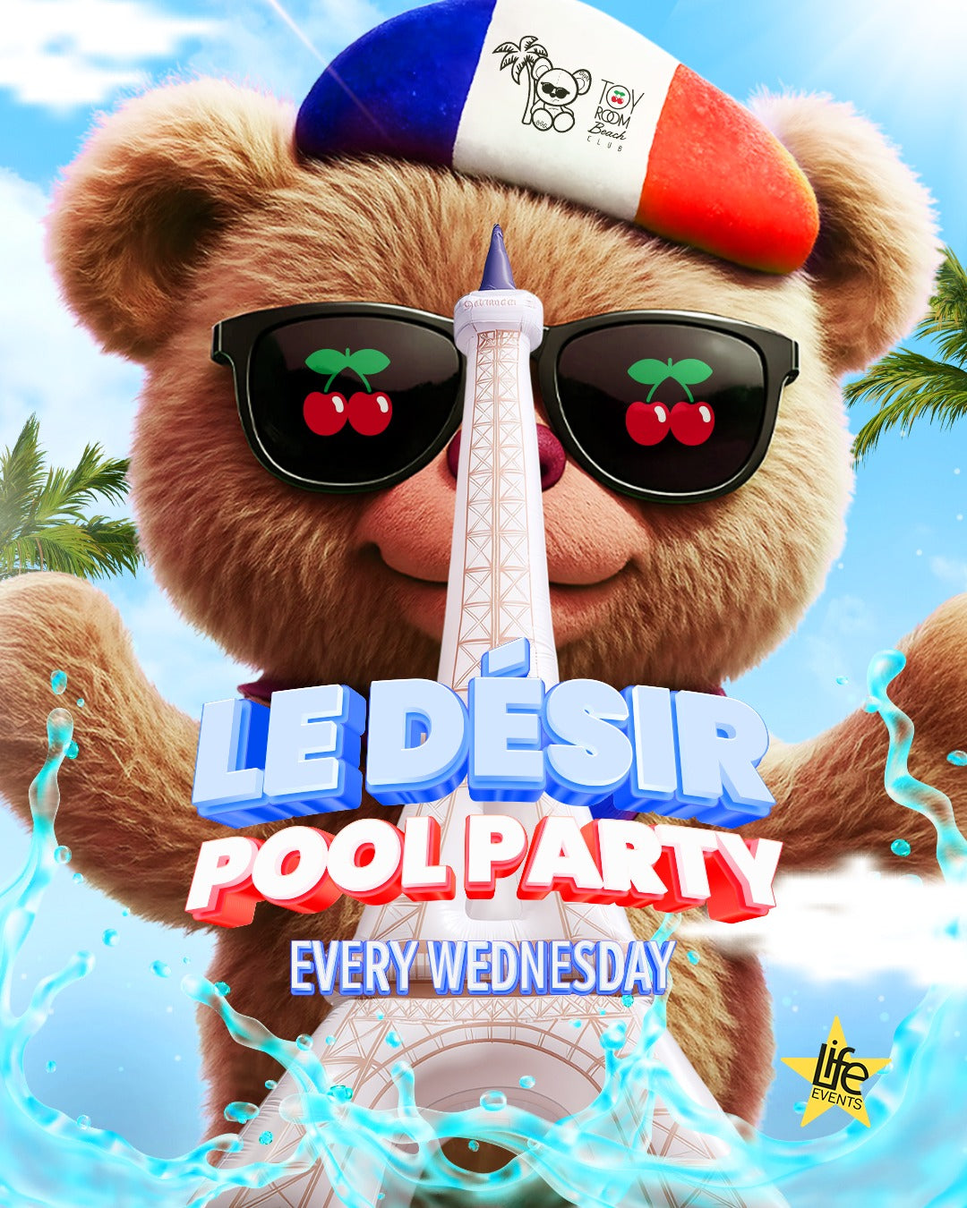 Cartoon bear with sunglasses and a pool party poster featuring the Eiffel Tower.