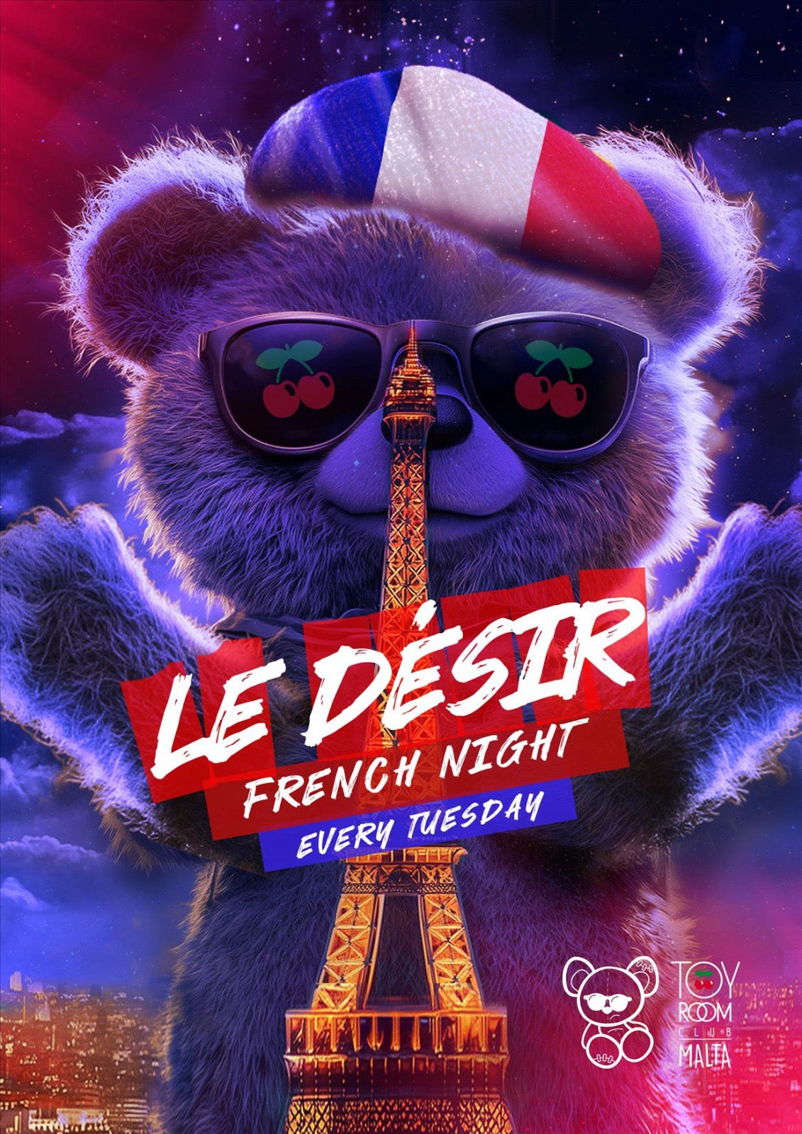 Promotional image featuring an animated character wearing sunglasses and a French flag colored hat, holding a cherry, with the Eiffel Tower in the background. Text includes 'Le Désir French Night' and details about the event.