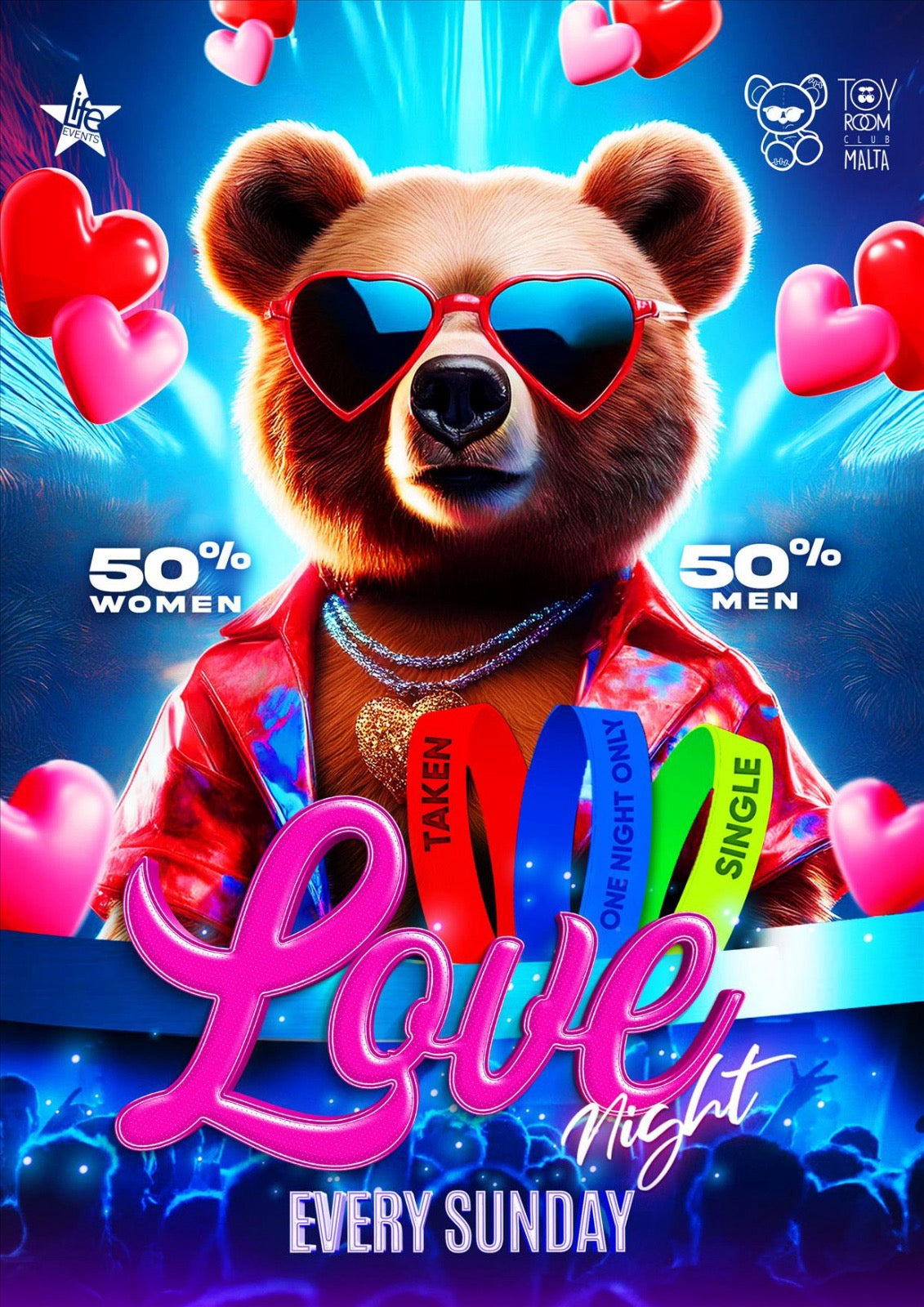 A promotional poster for 'Love Night' at Toy Room Club featuring an animated bear wearing sunglasses and a shirt with text, set against a vibrant background with heart decorations.