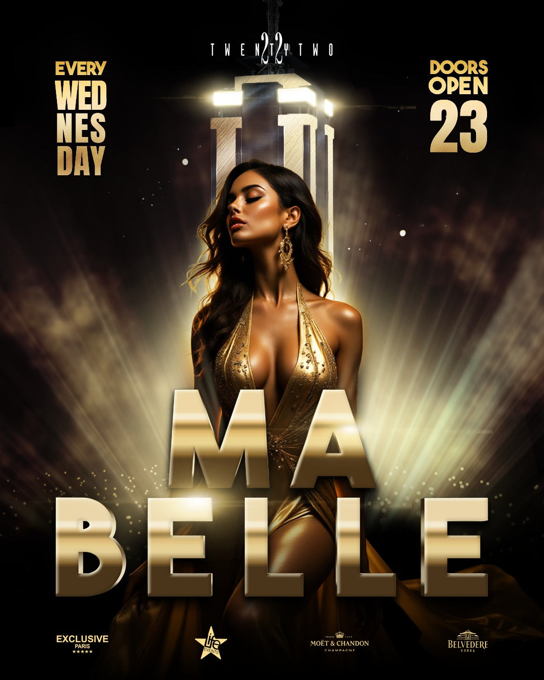 Promotional poster for Ma Belle at TwentyTwo, featuring a woman in a glamorous dress with a backdrop of a city skyline at night.