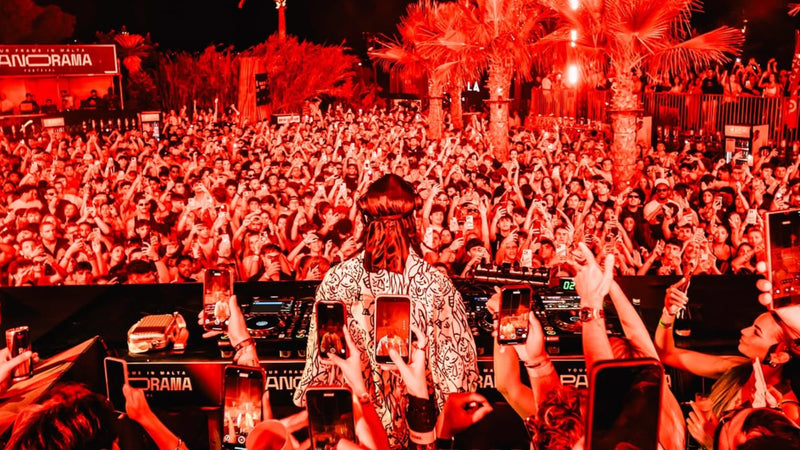 DJ performing at a music festival with a crowd in the background