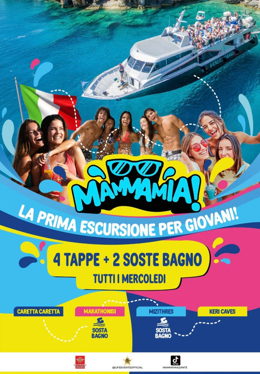 A colorful promotional poster for 'MAMMA MIA!' featuring images of young people having fun on a boat, with text detailing the tour's stops and activities.