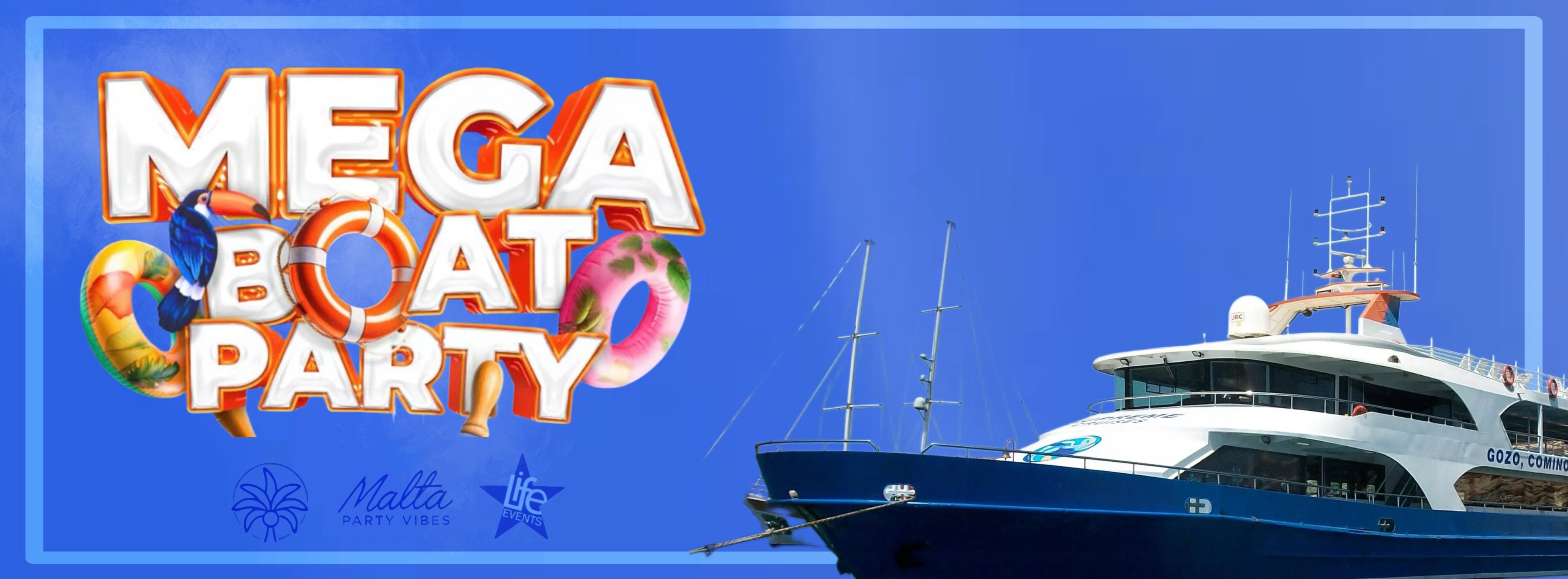 Promotional banner for 'Mega Boat Party' in Malta with a large boat on a blue background.