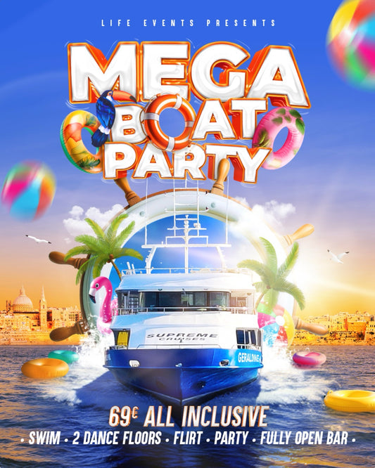 Promotional image for MEGA BOAT PARTY featuring a large, colorful boat with palm trees and a party atmosphere, indicating multiple dance floors and a fully open bar.