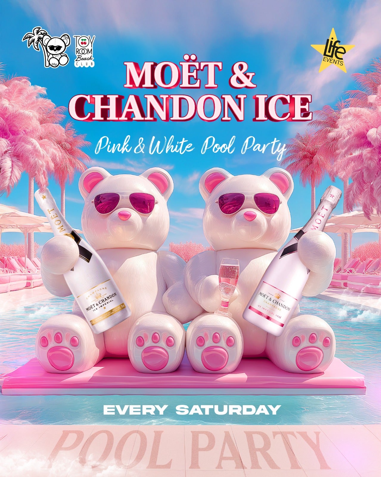 Promotional poster for Moét & Chandon Ice Pink & White Pool Party with cartoon bear characters and pool party text.
