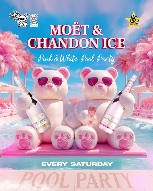 Promotional poster for Moét & Chandon Ice Pink & White Pool Party with cartoon bear characters and pool party text.