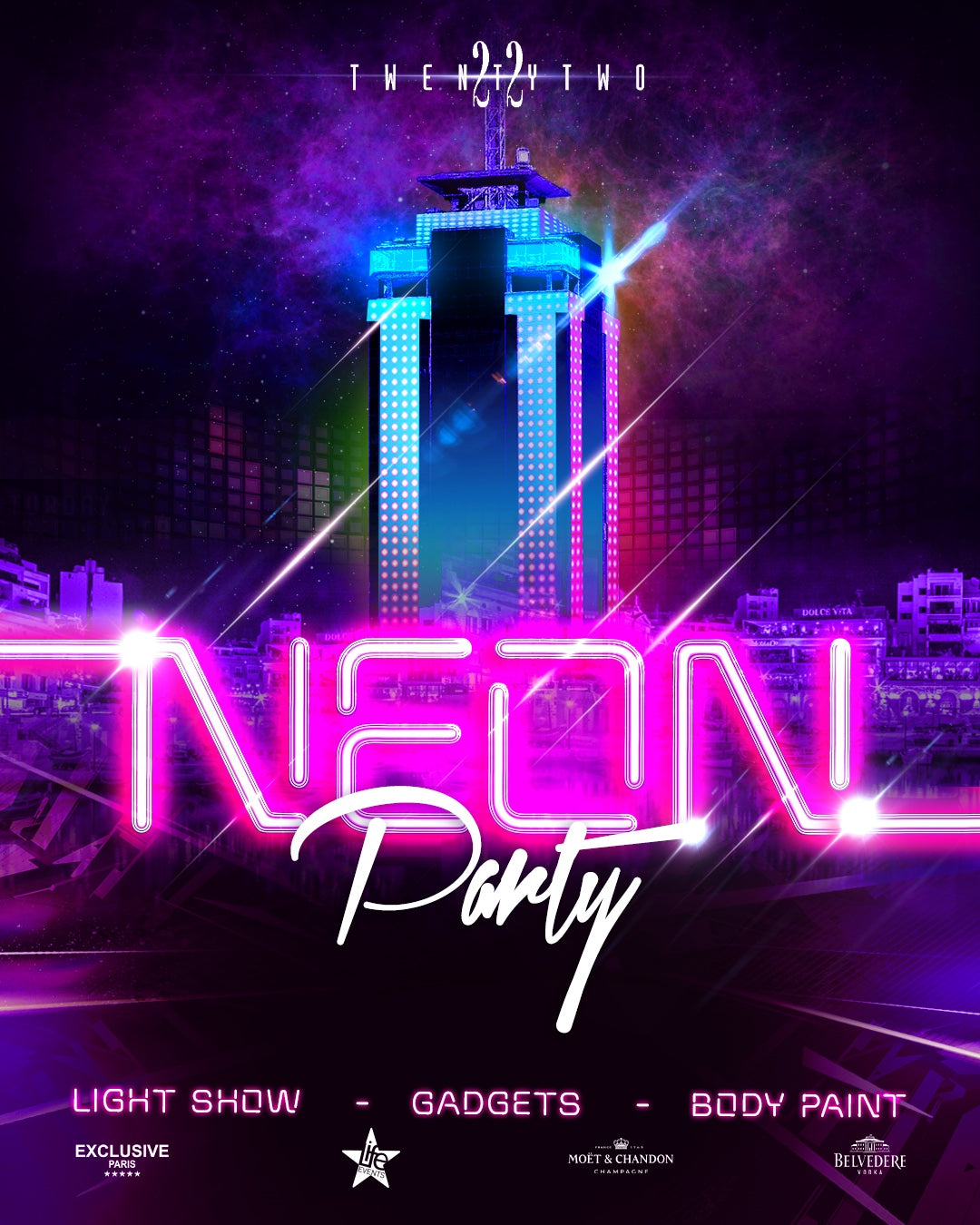 A vibrant poster for the TWENTYTWO NEON PARTY featuring neon pink and blue text against a city skyline background, highlighting elements like light show, gadgets, and body paint.