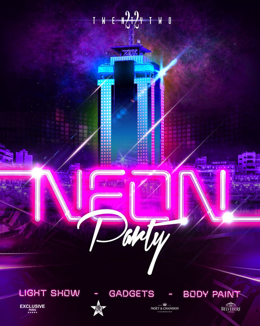 A vibrant poster for the TWENTYTWO NEON PARTY featuring neon pink and blue text against a city skyline background, highlighting elements like light show, gadgets, and body paint.