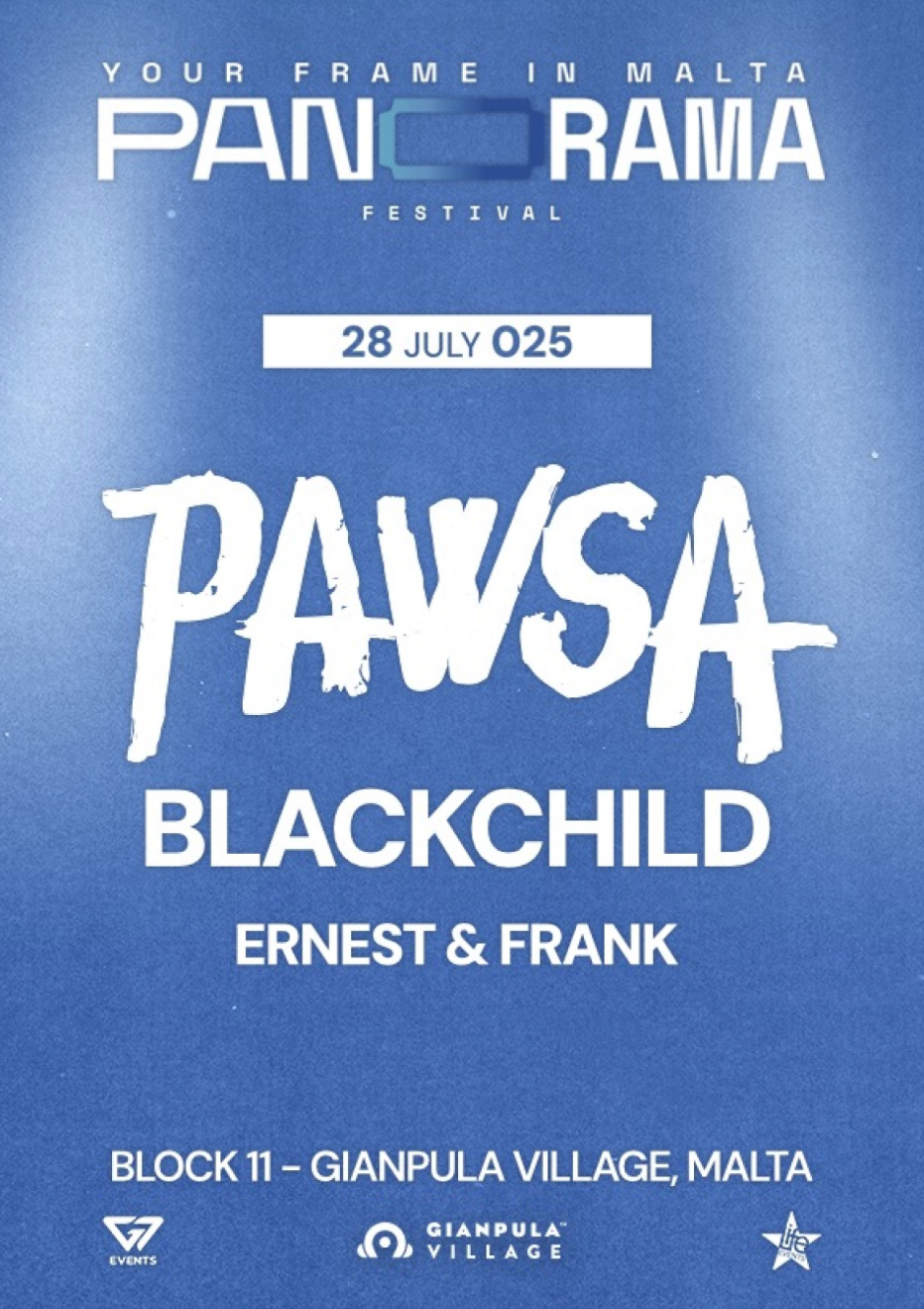 Promotional poster for a music event featuring PAWSA, Blackchild, Ernest & Frank at Panorama Festival in Malta.