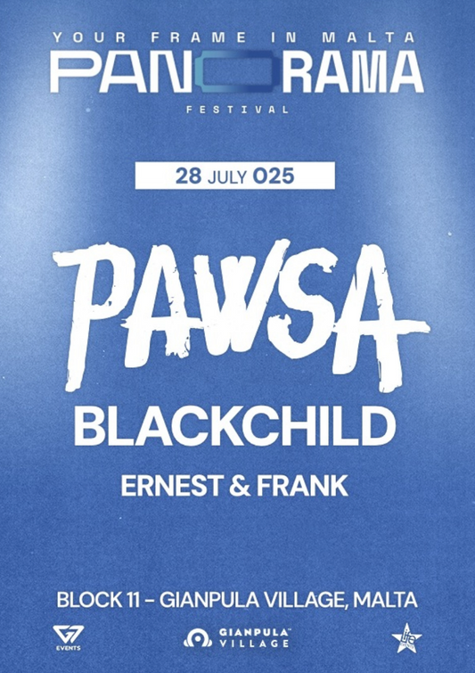 Promotional poster for a music event featuring PAWSA, Blackchild, Ernest & Frank at Panorama Festival in Malta.