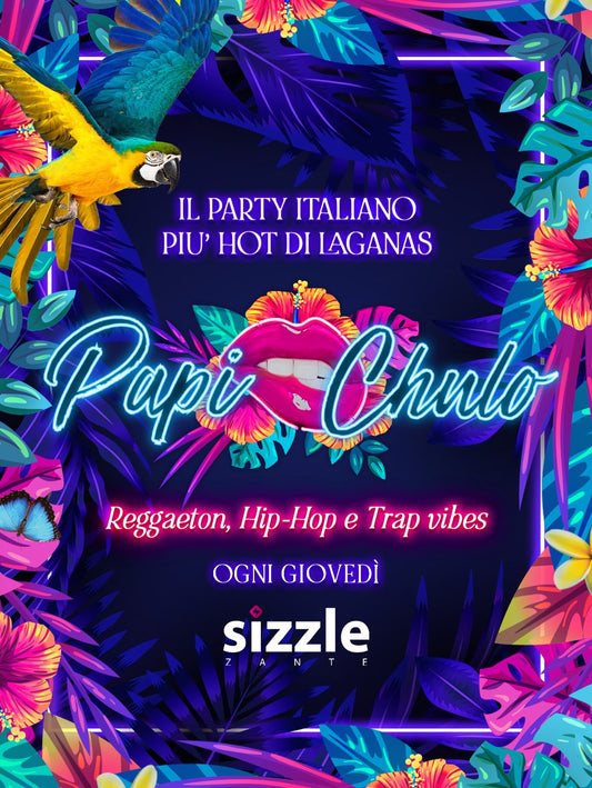 Promotional poster for a party event with colorful text and graphics on a dark background.