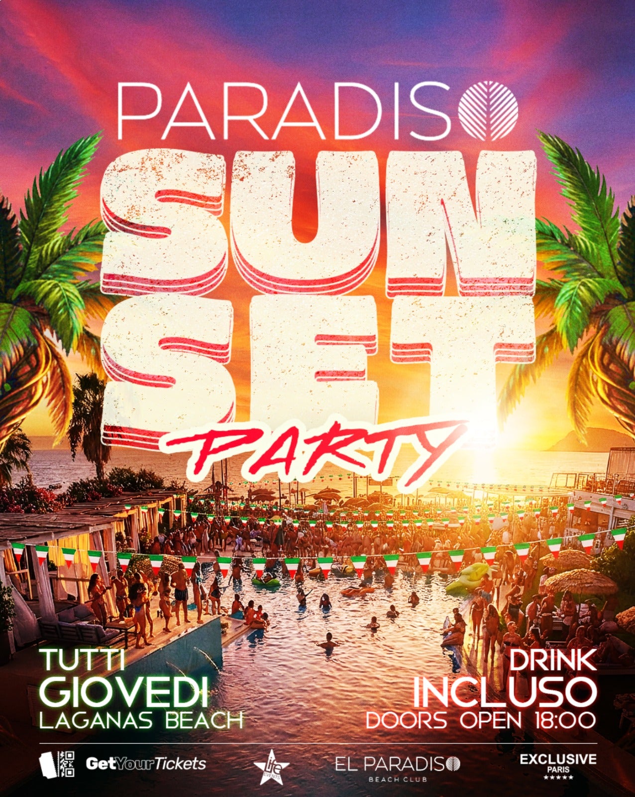 Promotional poster for Paradiso Sunset Party at Laganas Beach with people enjoying a sunset scene.