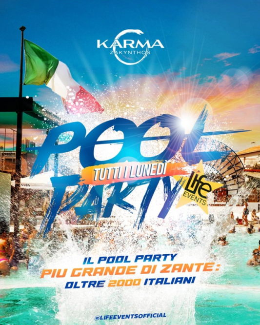 Promotional poster for a pool party event with colorful text and a flag, featuring the brand 'Karma'.