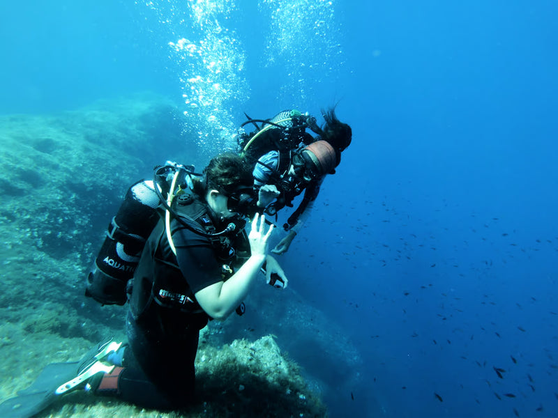 Two scuba divers underwater with a clear blue background