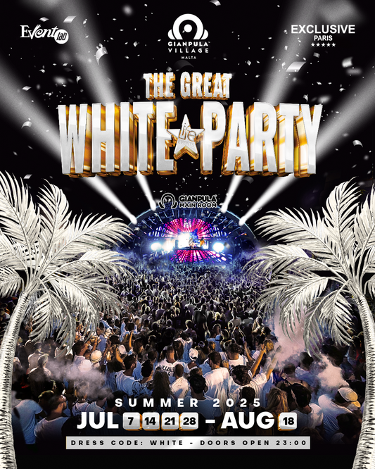 Promotional poster for 'The Great White Party' at Gianpula, featuring an all-white dress code, with a background of a crowd at a nightlife event.