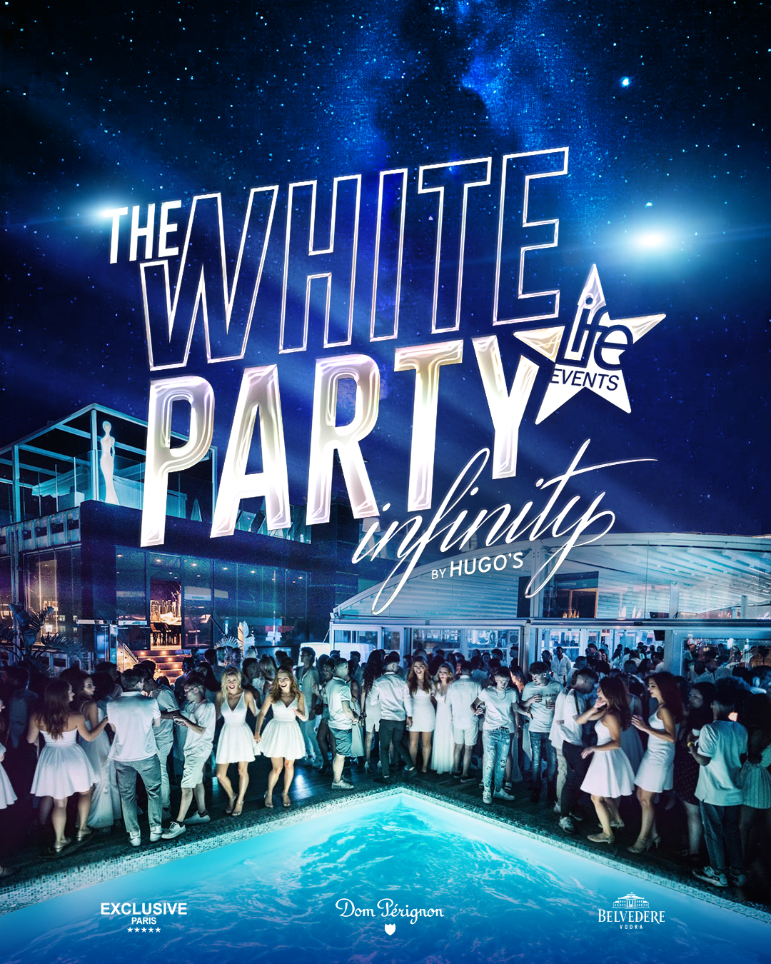 Promotional poster for 'The White Party - Infinity' featuring a large group of people in white attire on a rooftop, with a sunset and DJ booths in the background.