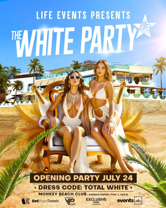 Promotional poster for 'The White Party' with two women in white outfits on a beach.