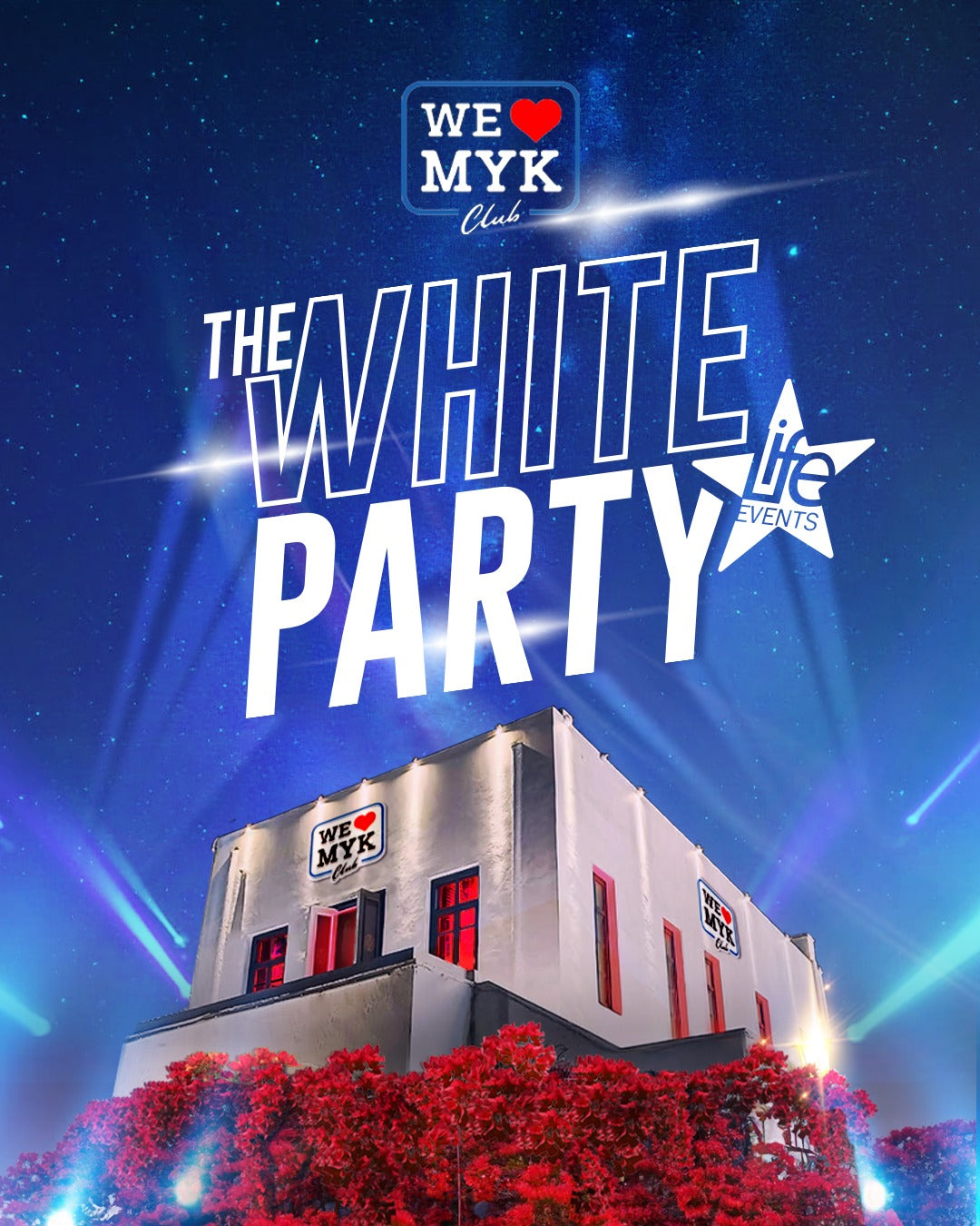 Promotional poster for 'The White Party' event featuring 'WE MYK Club' and 'Life Events' logos.