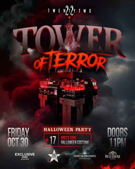 Tower of Terror – Halloween party at TwentyTwo Malta, Friday 30 October 2026, doors 11pm, 17+, Halloween costume dress code – official flyer