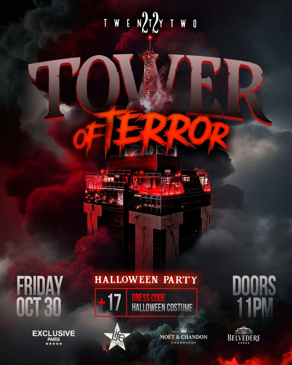 Tower of Terror – petrecere de Halloween la TwentyTwo Malta, vineri, 30 octombrie 2026, intrarea de la 23:00, 17+, dress code costum de Halloween – afiș oficial