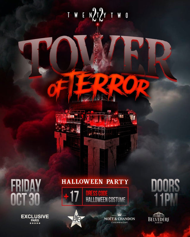 Tower of Terror – Halloween party at TwentyTwo Malta, Friday 30 October 2026, doors 11pm, 17+, Halloween costume dress code – official flyer