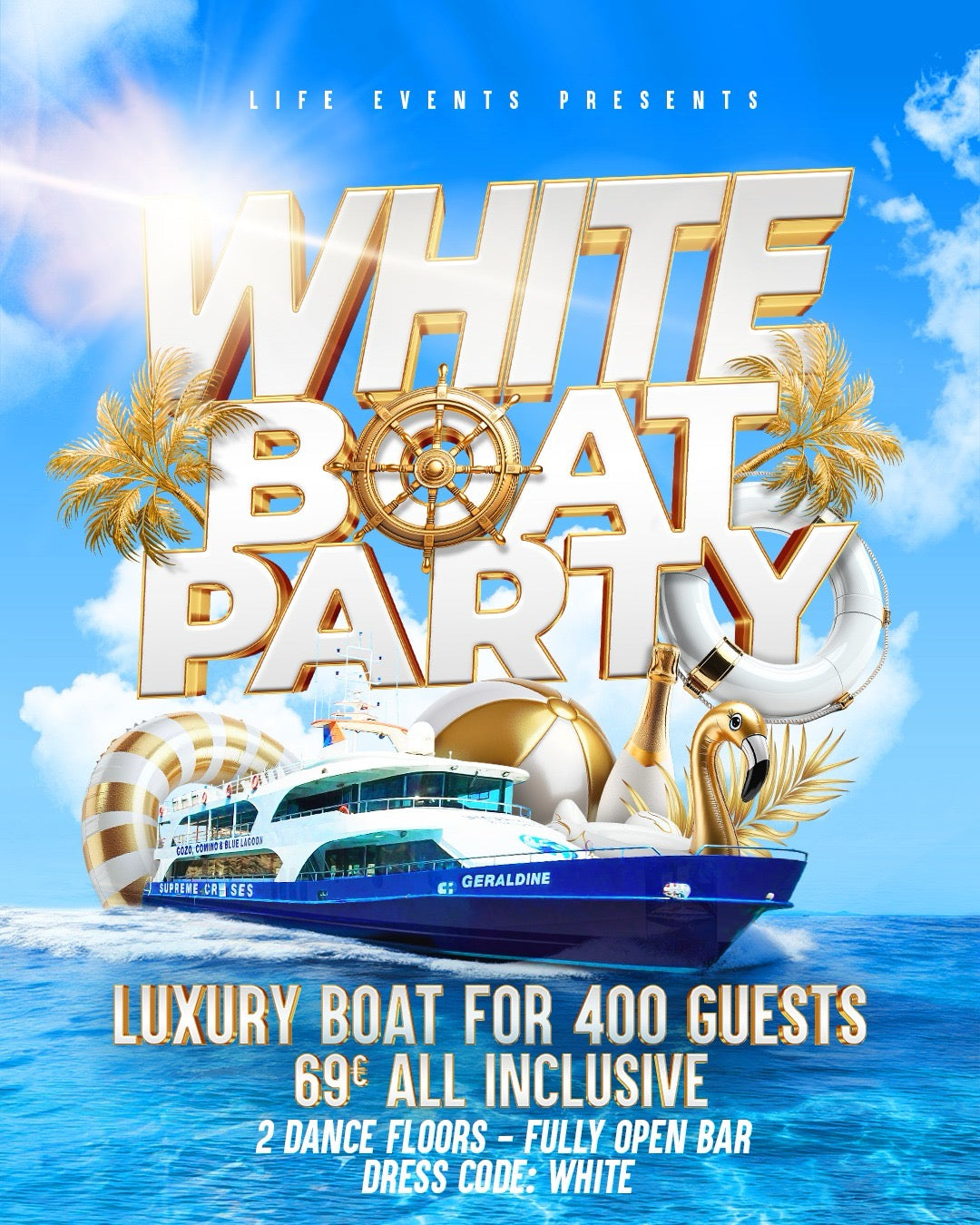 Promotional image for a white boat party featuring a luxury boat with a blue and white color scheme, text detailing the event information, and a background of a clear blue sky and ocean.