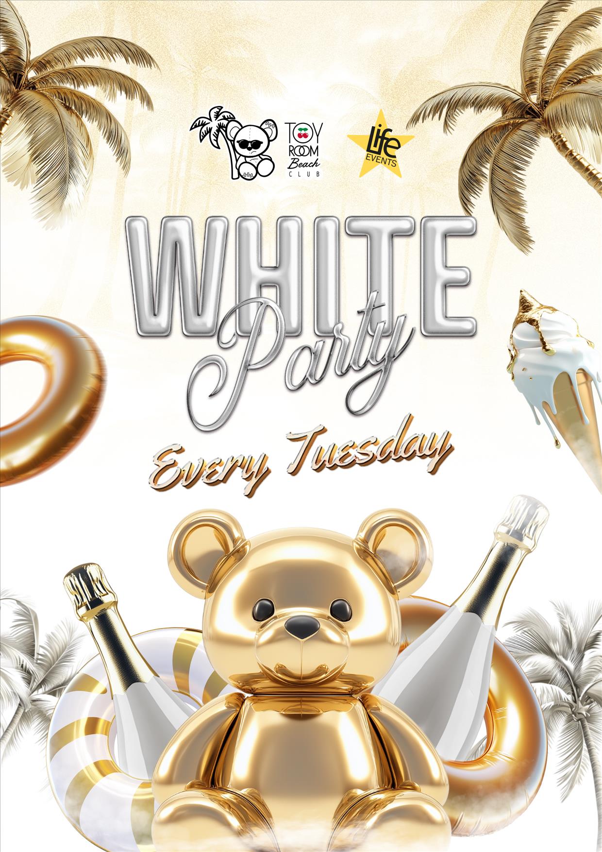 Promotional poster for The White Party Poolside at Toy Room Beach Club featuring an all-white dress code, with visuals of a golden teddy bear, palm trees, and champagne glasses.