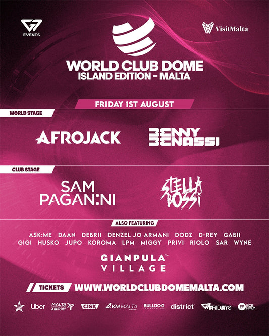 Promotional poster for WORLD CLUB DOME ISLAND EDITION - MALTA featuring a lineup of electronic music artists at Gianpula Village on 1st August, with ticket information.