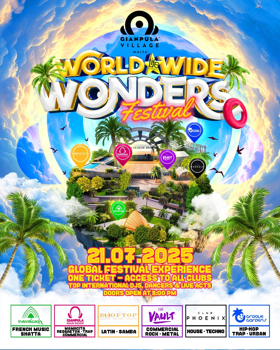 Promotional poster for the WORLD WIDE WONDERS FESTIVAL at Gianpula Village, featuring vibrant colors, various club icons, and tropical imagery.